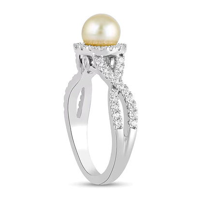 6.0mm Pink Freshwater Cultured Pearl and 0.5 CT. TW Lab-Grown Diamond Frame Crossover Shank Ring in 14K White Gold