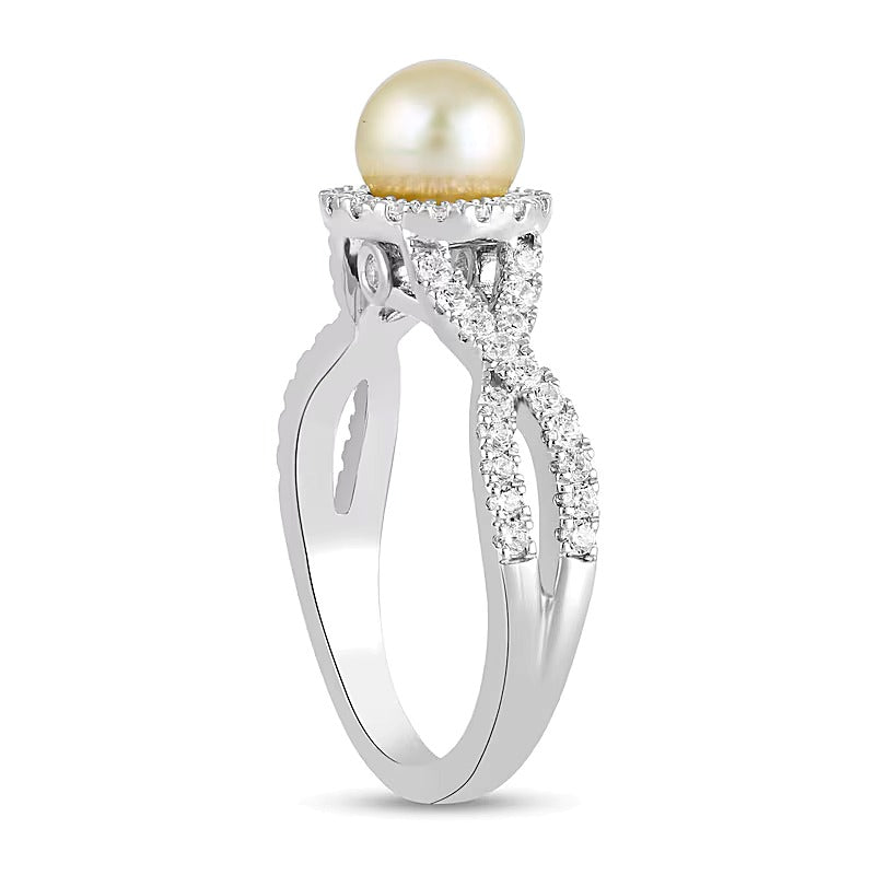 6.0mm Pink Freshwater Cultured Pearl and 0.5 CT. TW Lab-Grown Diamond Frame Crossover Shank Ring in 14K White Gold