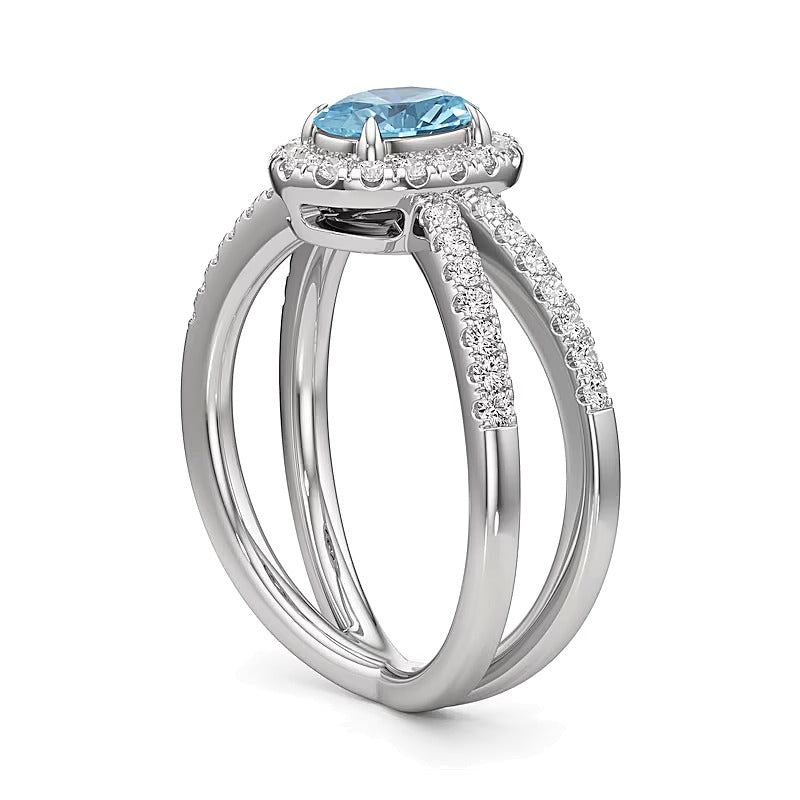Oval Aquamarine and 0.33 CT. TW Lab-Grown Diamond Frame Orbit Split Shank Ring in 14K White Gold