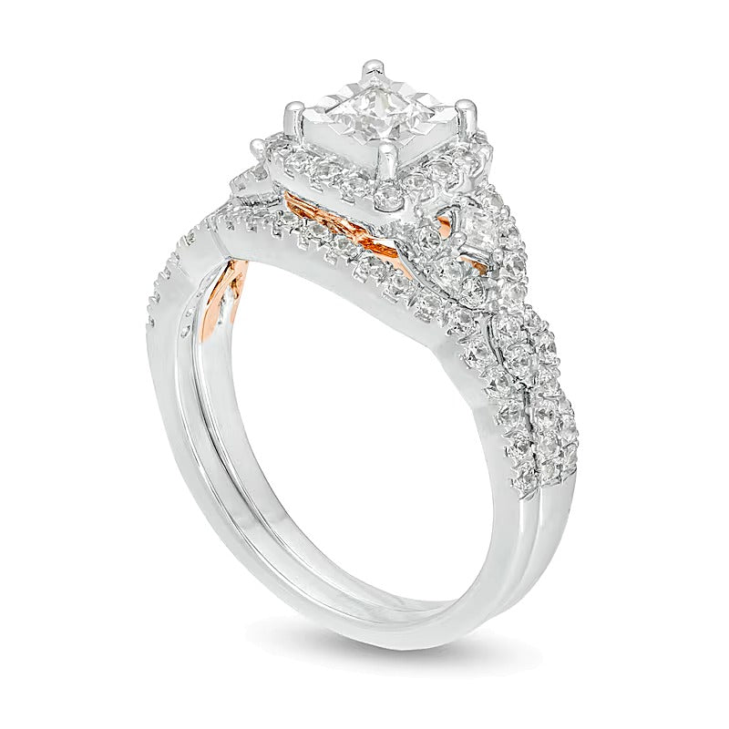 1.0 CT. TW Princess-Cut Diamond Frame Twist Shank Bridal Set in 10K Two-Tone Gold