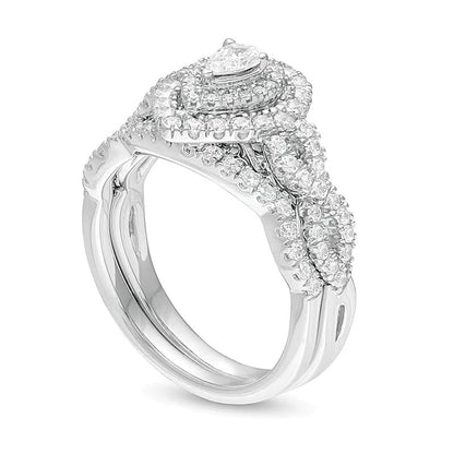 1.0 CT. TW Pear-Shaped Diamond Double Frame Twist Shank Bridal Set in 14K White Gold