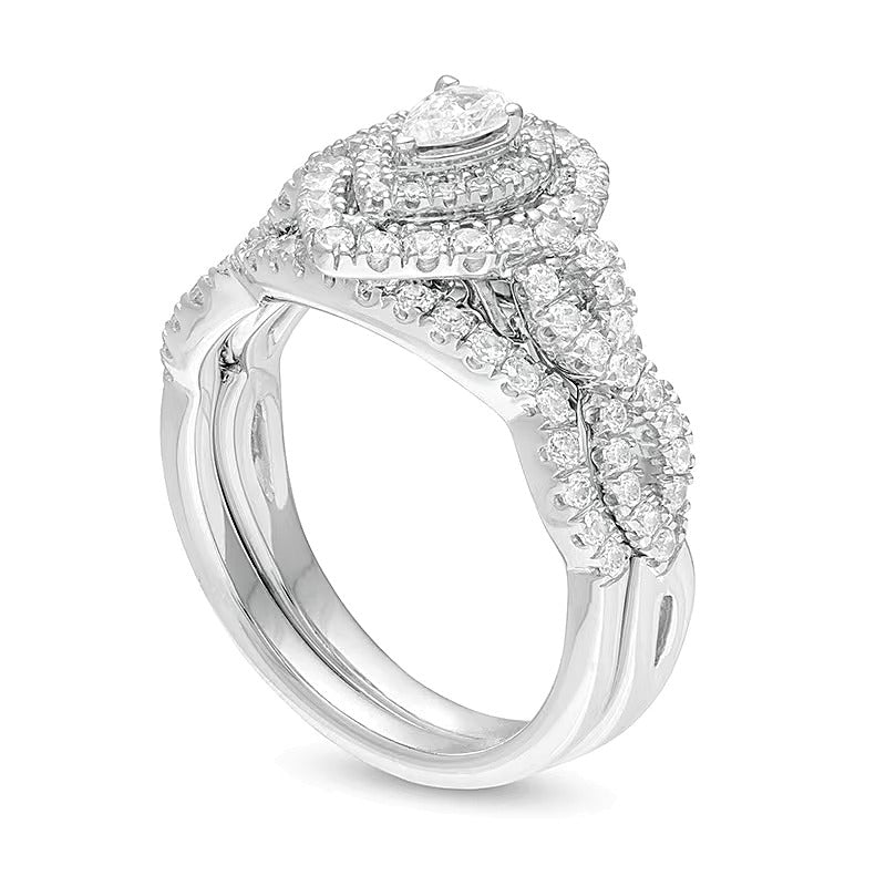 1.0 CT. TW Pear-Shaped Diamond Double Frame Twist Shank Bridal Set in 14K White Gold