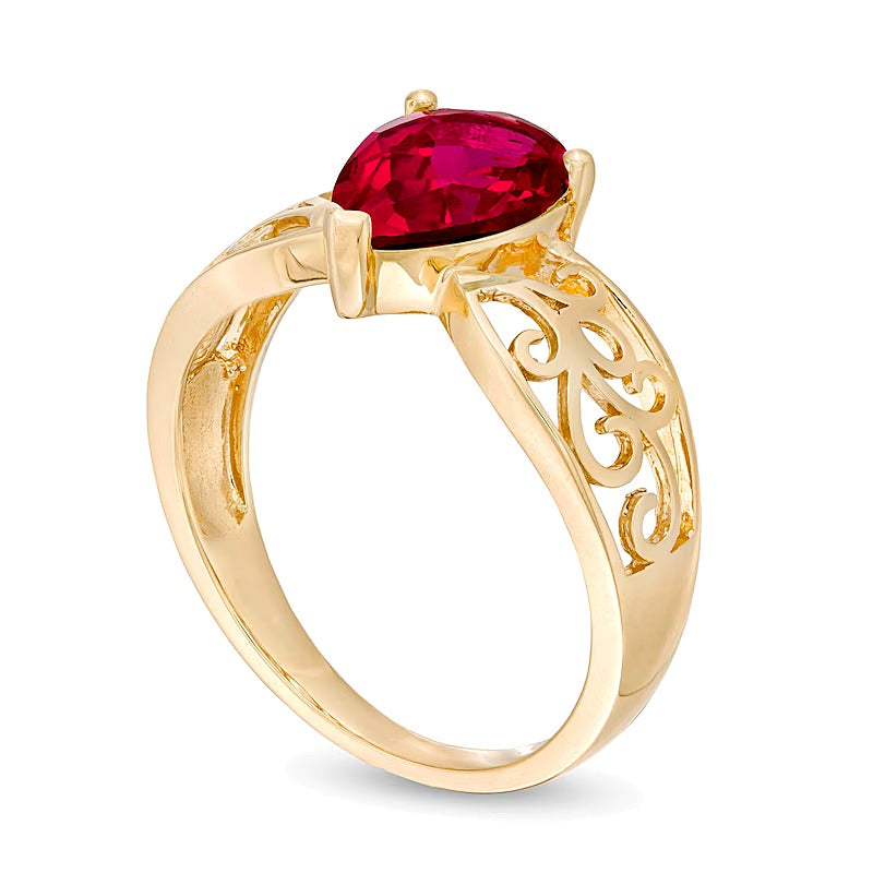 Pear-Shaped Lab-Created Ruby Wide Filigree Ring in 10K Gold