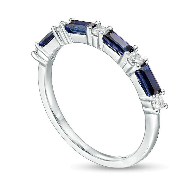 Baguette Lab-Created Blue Sapphire and 0.2 CT. TW Diamond Alternating Four Stone Ring in 10K White Gold