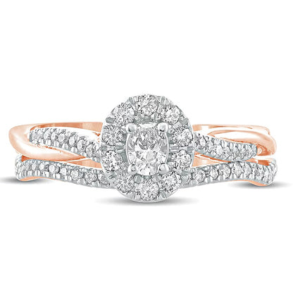 0.5 CT. TW Oval Diamond Frame Twist Shank Bridal Set in 10K Rose Gold