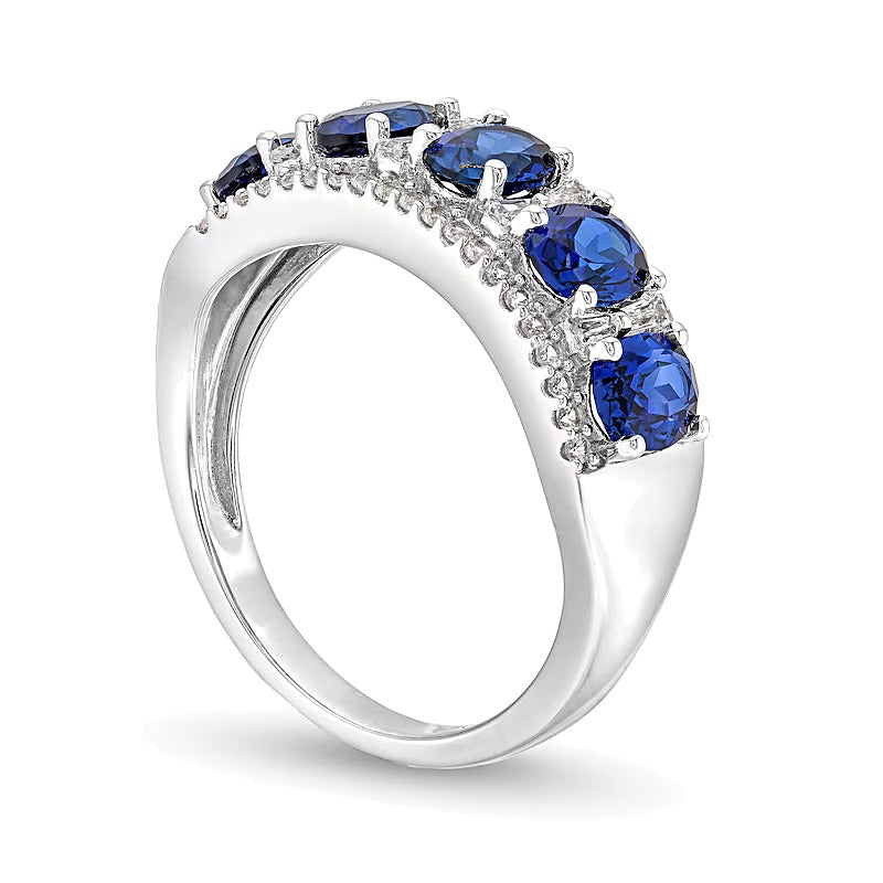 Oval Blue Lab-Created Sapphire and 0.25 CT. TW Diamond Column Five Stone Ring in 10K White Gold