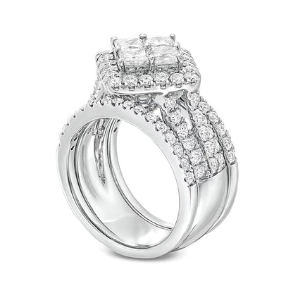 3.0 CT. TW Quad Princess-Cut Diamond Tilted Square Frame Three Piece Bridal Set in 14K White Gold