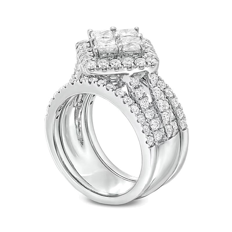 3.0 CT. TW Quad Princess-Cut Diamond Tilted Square Frame Three Piece Bridal Set in 14K White Gold