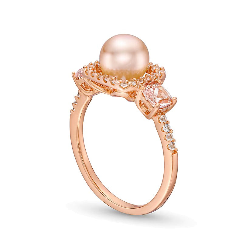 0.2 CT. TW Diamond, White Lab-Created Sapphire and Freshwater Cultured Pearl Ring in 10K Rose Gold