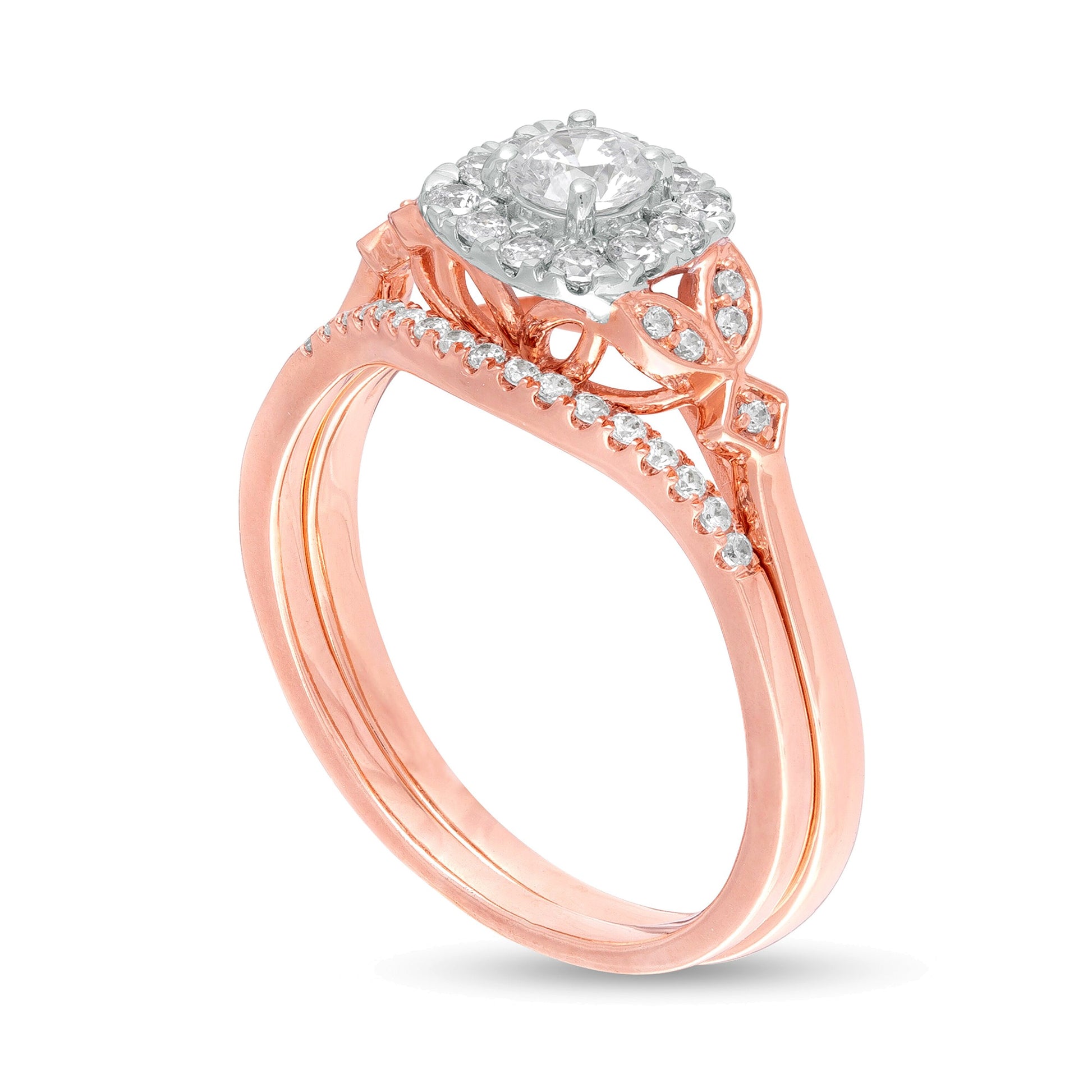 0.5 CT. TW Diamond Cushion Frame Leaf-Sides Bridal Set in 10K Rose Gold