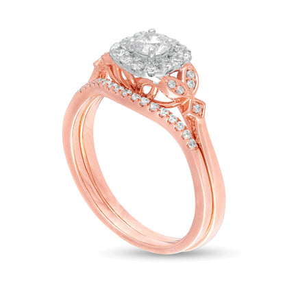 0.5 CT. TW Diamond Cushion Frame Leaf-Sides Bridal Set in 10K Rose Gold