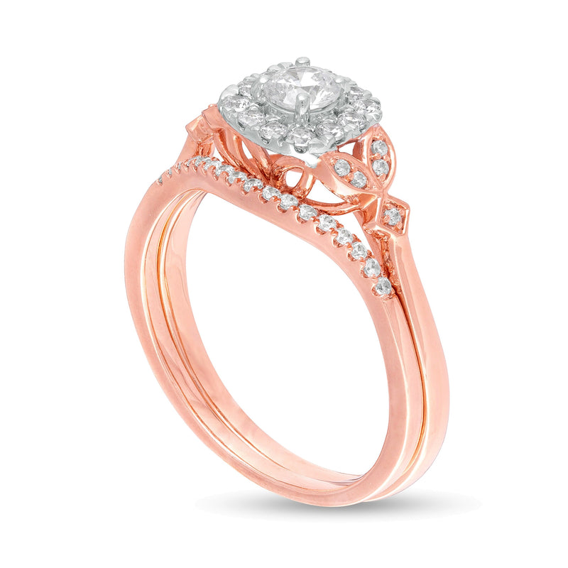 0.5 CT. TW Diamond Cushion Frame Leaf-Sides Bridal Set in 10K Rose Gold