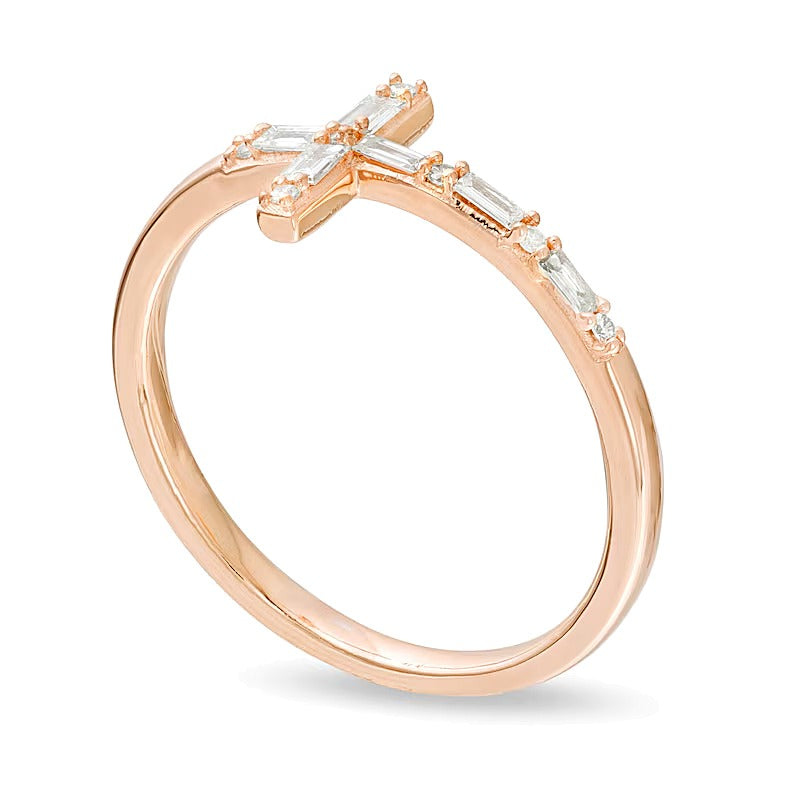 0.17 CT. TW Baguette and Round Diamond Sideways Cross Ring in 10K Rose Gold