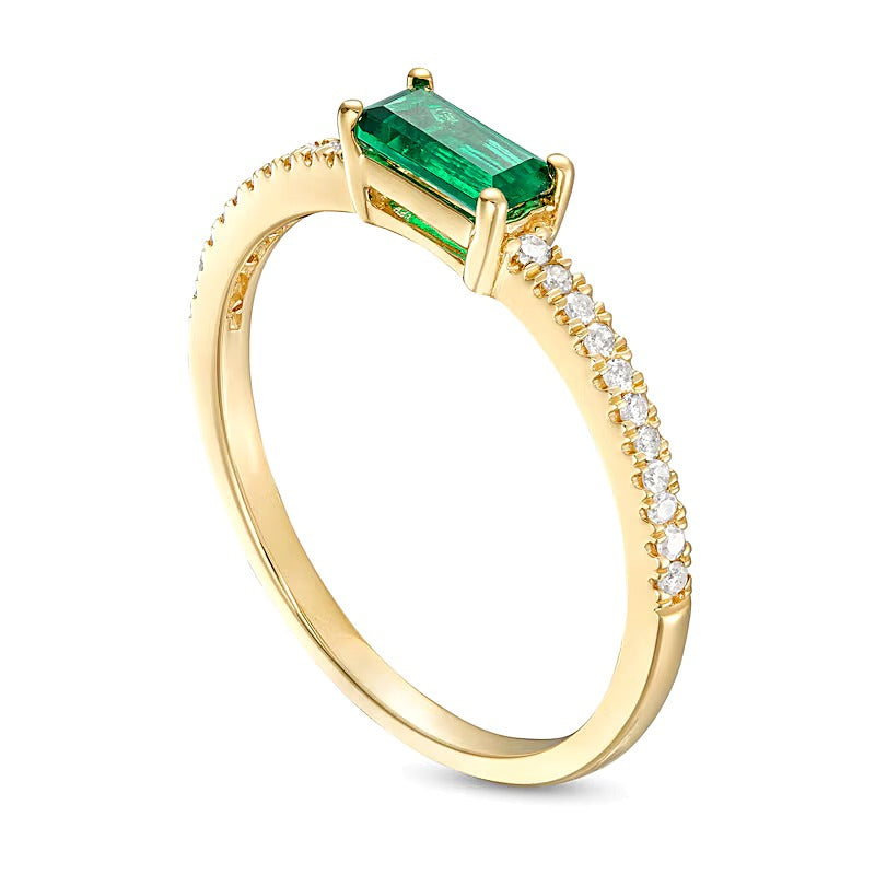 Sideways Baguette Lab-Created Emerald and 0.1 CT. TW Diamond PavÃ© Ring in 10K Gold
