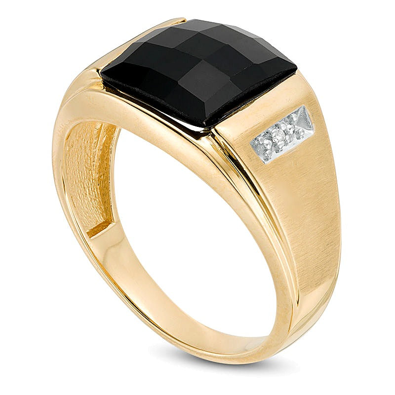 Rectangle Faceted Onyx and Diamond Accent Multi-Finish Ring in 10K Gold