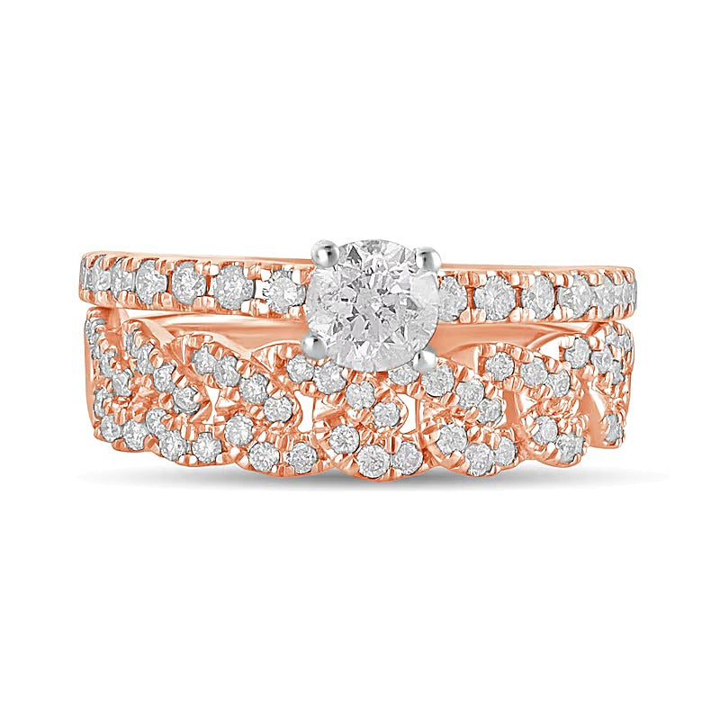 1.0 CT. TW Diamond Cuban Curb Chain Link Bridal Set in 10K Rose Gold
