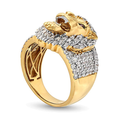1.5 CT. TW Baguette and Round Diamond with Lab-Created Ruby Lion's Head Ring in 10K Gold