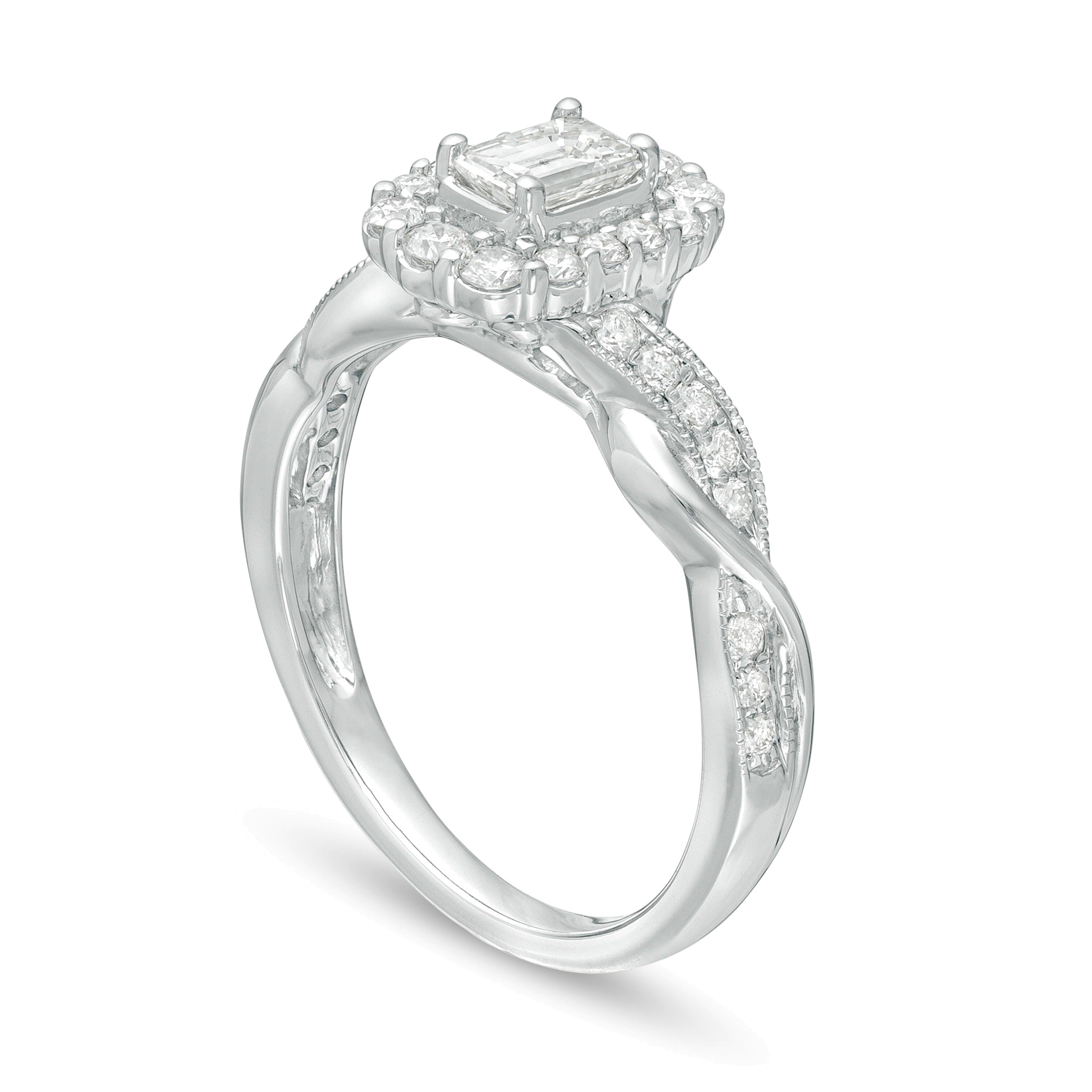 0.75 CT. TW Emerald-Cut Diamond Frame Twist Shank Vintage-Style Engagement Ring in 10K White Gold