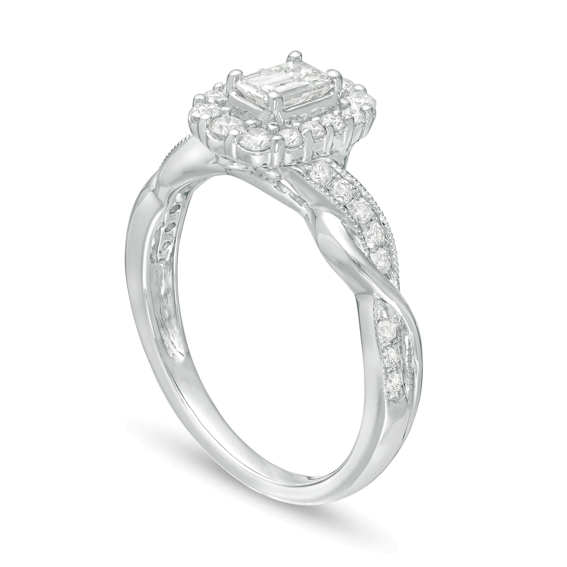 0.75 CT. TW Emerald-Cut Diamond Frame Twist Shank Vintage-Style Engagement Ring in 10K White Gold