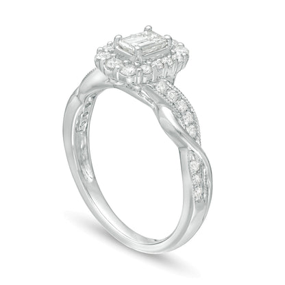 0.75 CT. TW Emerald-Cut Diamond Frame Twist Shank Vintage-Style Engagement Ring in 10K White Gold