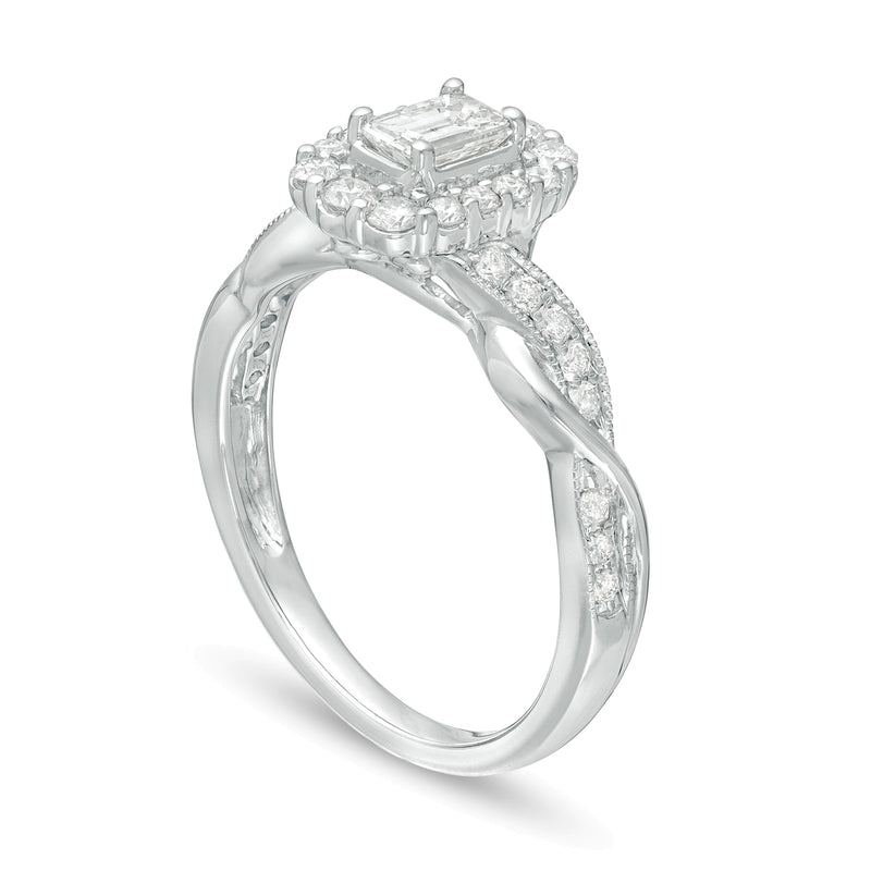 0.75 CT. TW Emerald-Cut Diamond Frame Twist Shank Vintage-Style Engagement Ring in 10K White Gold