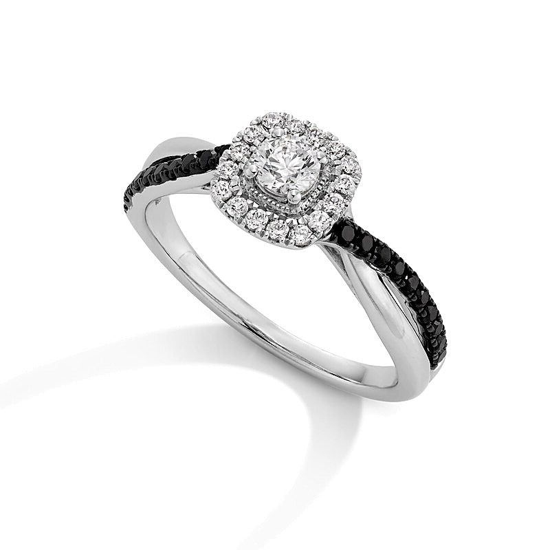 0.5 CT. TW Black and White Diamond Cushion Frame Crossover Shank Engagement Ring in 14K White Gold