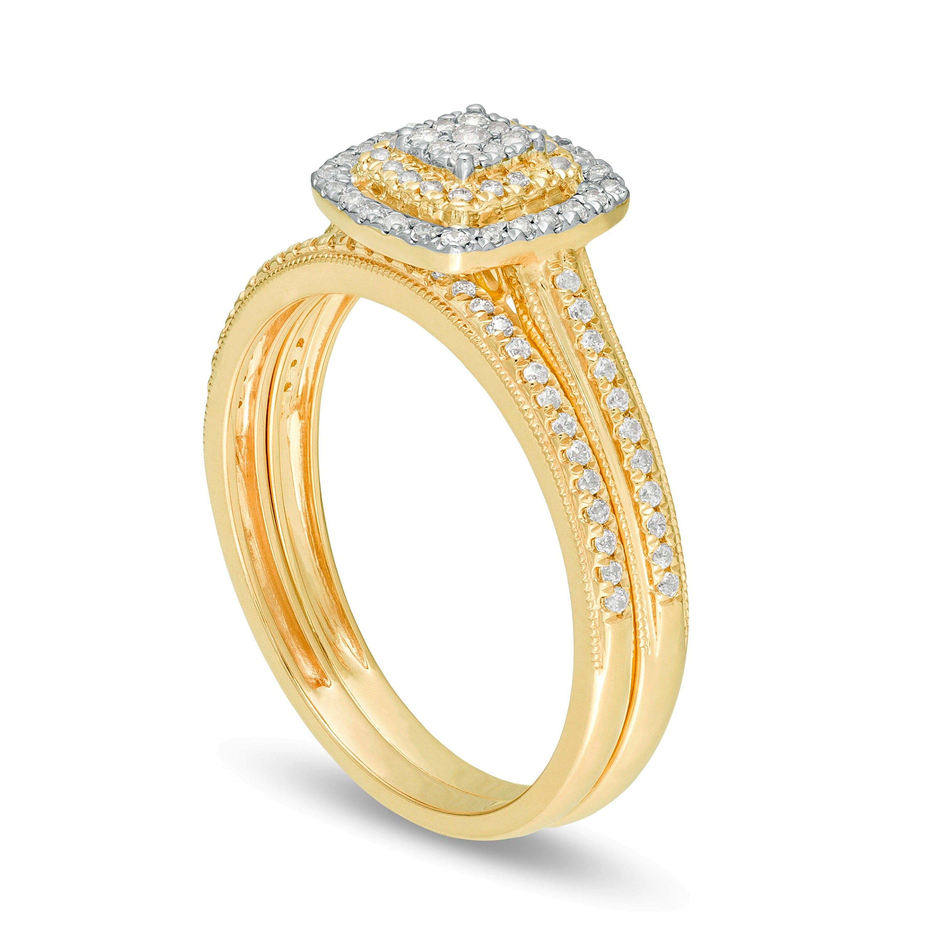 0.33 CT. TW Composite Diamond Double Cushion Frame Vintage-Style Bridal Set in 10K Gold