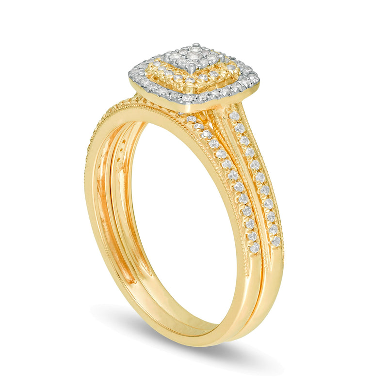 0.33 CT. TW Composite Diamond Double Cushion Frame Vintage-Style Bridal Set in 10K Gold