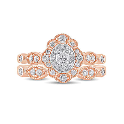 0.63 CT. TW Oval Diamond Double Petal Frame Vintage-Style Bridal Set in 10K Rose Gold