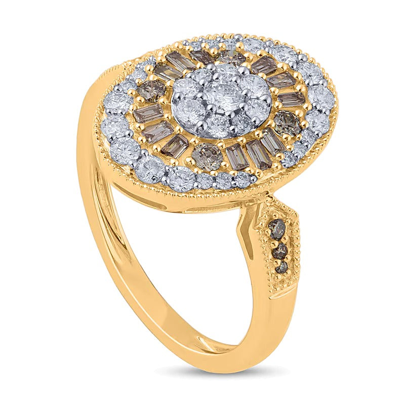 1.0 CT. TW Champagne and White Oval Multi-Diamond Vintage-Style Ring in 10K Gold