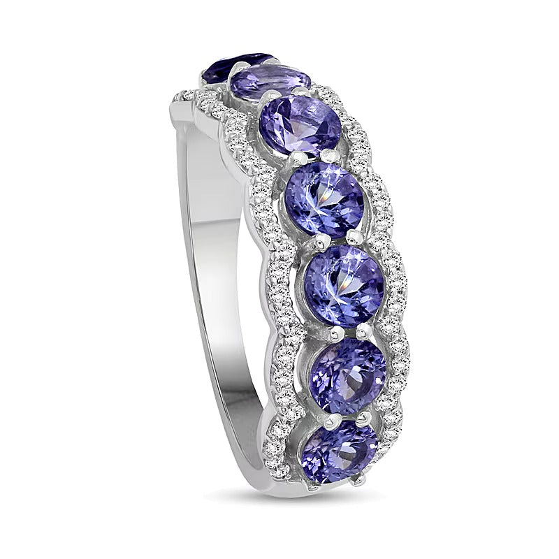 4.0mm Tanzanite and White Lab-Created Zircon Scallop Border Seven Stone Ring in Sterling Silver