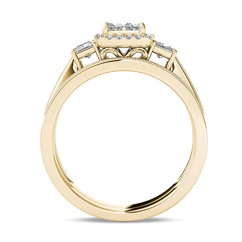 1.0 CT. TW Quad Princess-Cut Diamond Three Stone Frame Vintage-Style Bridal Set in 14K Gold