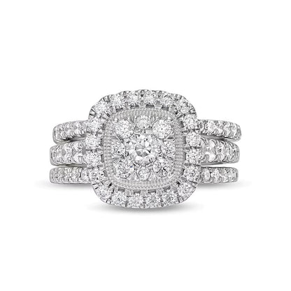 1.5 CT. TW Cushion Multi-Diamond Frame Three Piece Bridal Set in 10K White Gold