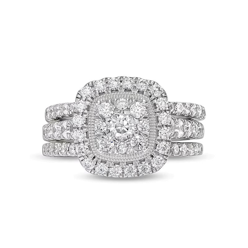 1.5 CT. TW Cushion Multi-Diamond Frame Three Piece Bridal Set in 10K White Gold