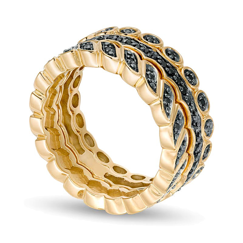 0.25 CT. TW Black Diamond Geometric Three Piece Stackable Band Set in Sterling Silver with 14K Gold Plate
