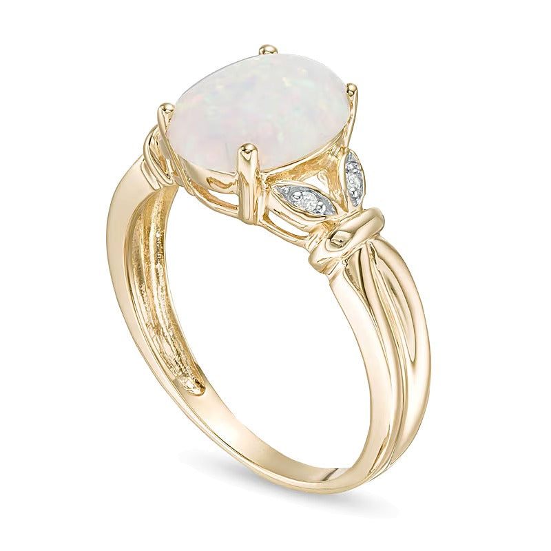 Oval Lab-Created Opal and Diamond Accent Leaf Split Shank Ring in 10K Gold