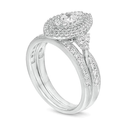 1.0 CT. TW Diamond Double Marquise Frame Tri-Sides Vintage-Style Bridal Set in 10K White Gold
