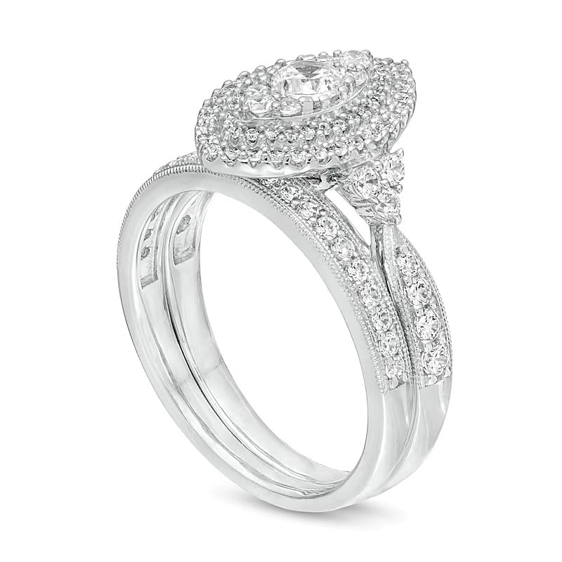 1.0 CT. TW Diamond Double Marquise Frame Tri-Sides Vintage-Style Bridal Set in 10K White Gold