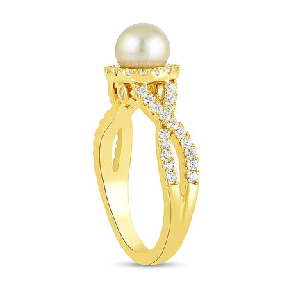 6.0mm Pink Freshwater Cultured Pearl and 0.5 CT. TW Lab-Grown Diamond Frame Crossover Shank Ring in 14K Gold