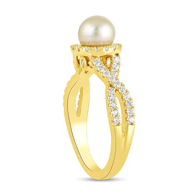 6.0mm Pink Freshwater Cultured Pearl and 0.5 CT. TW Lab-Grown Diamond Frame Crossover Shank Ring in 14K Gold