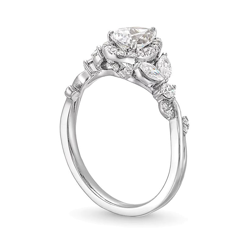1.0 CT. TW Pear-Shaped Diamond Frame Leaf-Sides Engagement Ring in 14K White Gold