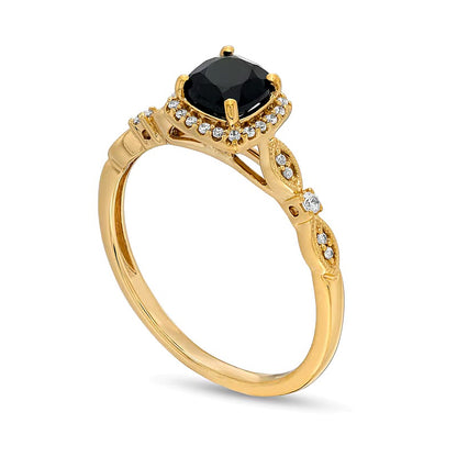 5.0mm Cushion-Cut Black Sapphire and 0.1 CT. TW Diamond Frame Art Deco Vintage-Style Engagement Ring in 10K Gold