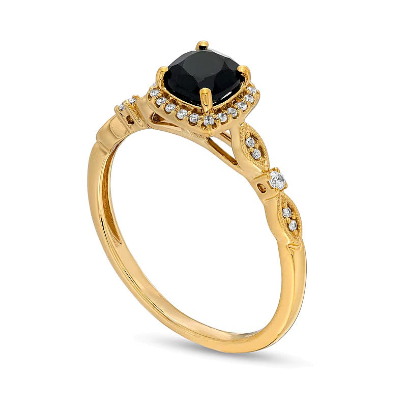 5.0mm Cushion-Cut Black Sapphire and 0.1 CT. TW Diamond Frame Art Deco Vintage-Style Engagement Ring in 10K Gold