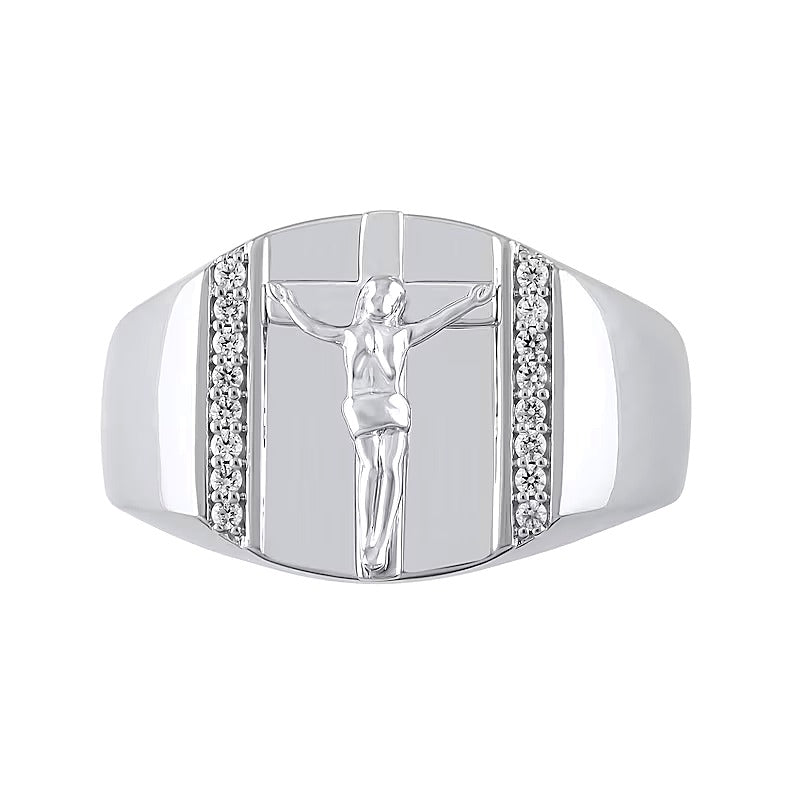 0.17 CT. TW Diamond Edge Rectangle-Top Crucifix Ring in 10K White Gold