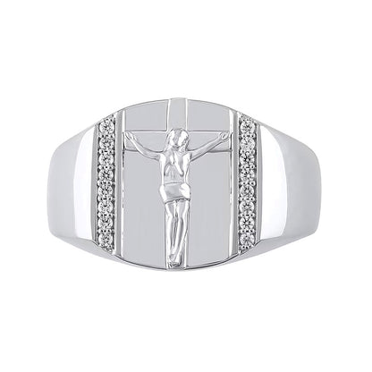 0.17 CT. TW Diamond Edge Rectangle-Top Crucifix Ring in 10K White Gold