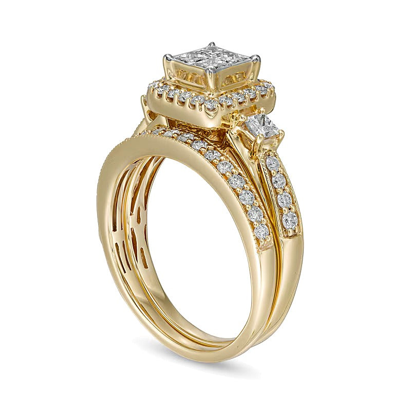 1.0 CT. TW Princess-Cut Quad Diamond Cushion-Shaped Frame Vintage-Style Bridal Set in 10K Gold