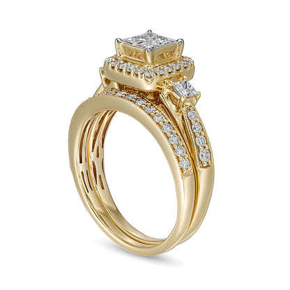 1.0 CT. TW Princess-Cut Quad Diamond Cushion-Shaped Frame Vintage-Style Bridal Set in 10K Gold