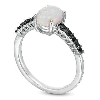 Oval Lab-Created Opal and 0.2 CT. TW Black Diamond Ring in Sterling Silver