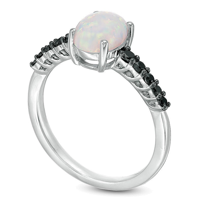 Oval Lab-Created Opal and 0.2 CT. TW Black Diamond Ring in Sterling Silver