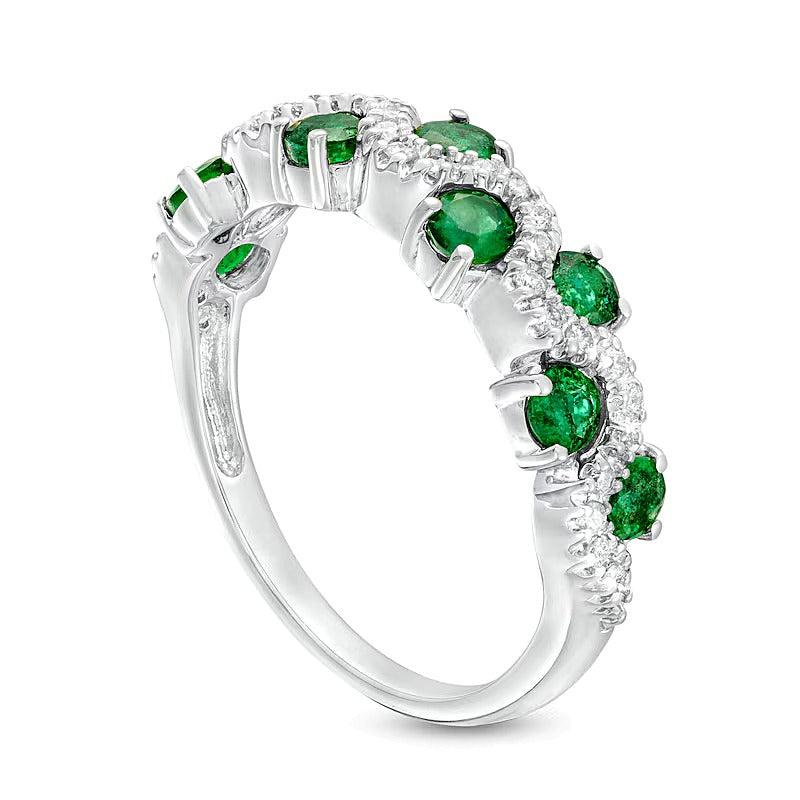 3.0mm Emerald and 0.17 CT. TW Diamond Staggered Wave Band in 14K White Gold